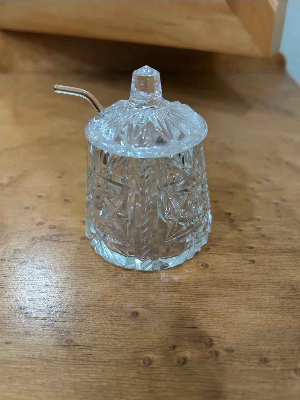 Vintage Cut Glass Salt Safe with Lid and Spoon - Clear